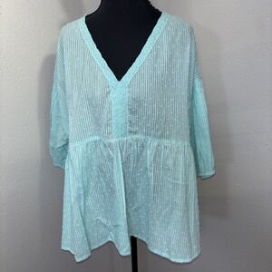 New Kaktus Tunic Top Women's 1X Turquoise Lace V Neck Detail Gauze Festival Boho